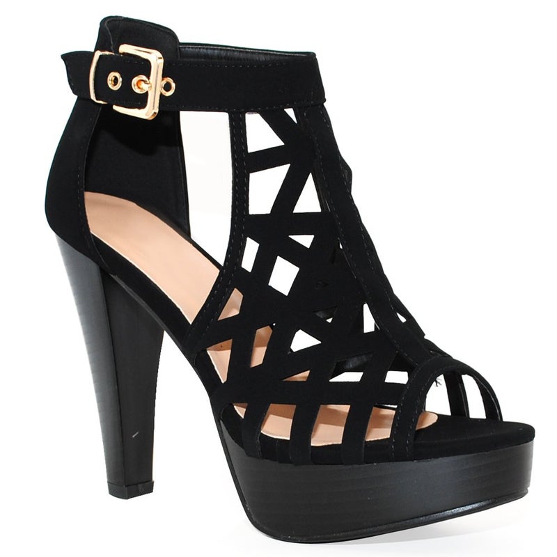 TRENDSup Collection Open Toe Ankle Strap Sandal â€“ Western Bootie Stacked Heel Open Toe Cutout Shoes (6.5, Black) - Image 1